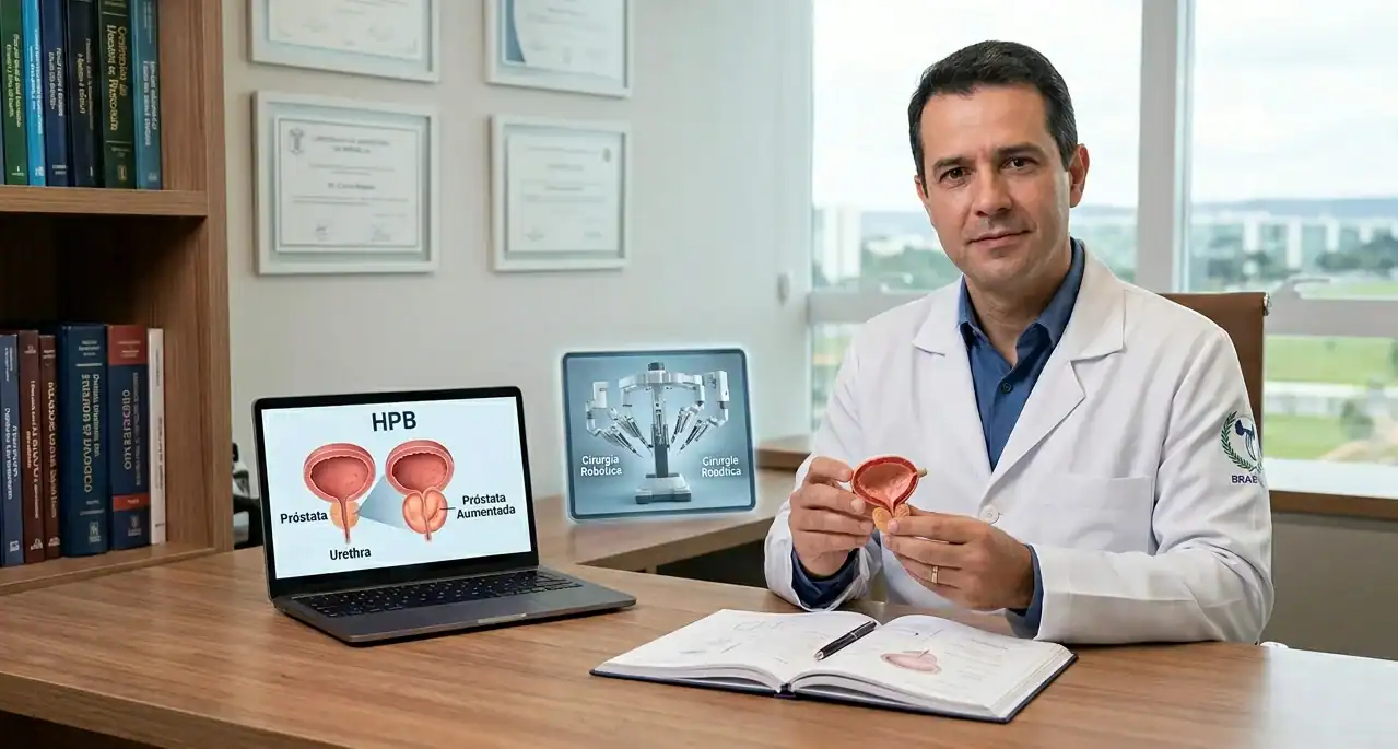 Urologista especialista em Brasília explicando o tratamento de HPB com diagrama de próstata aumentada.