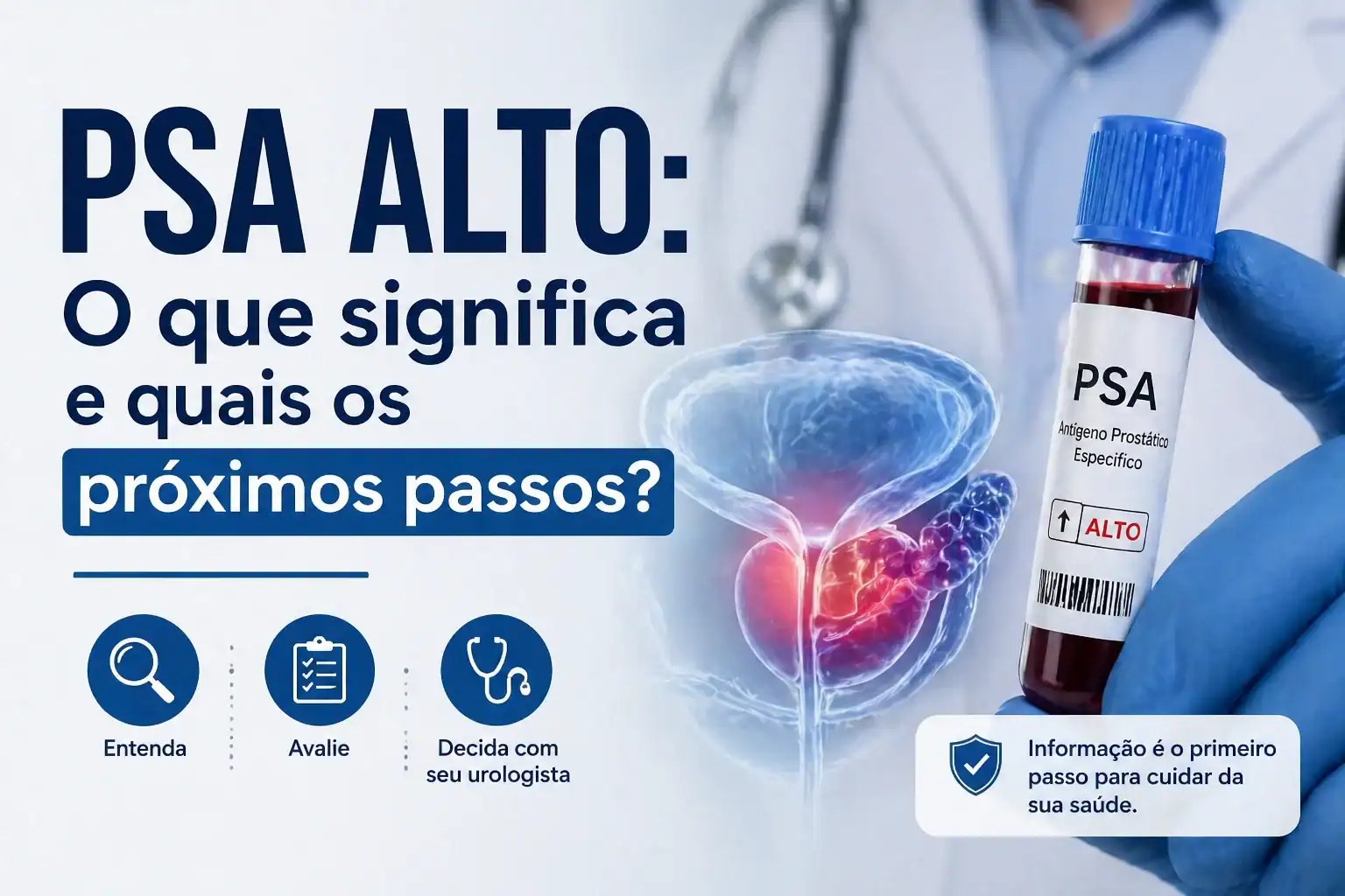 Infográfico sobre PSA Alto: Entenda o significado e os próximos passos para o diagnóstico com urologista em Brasília.