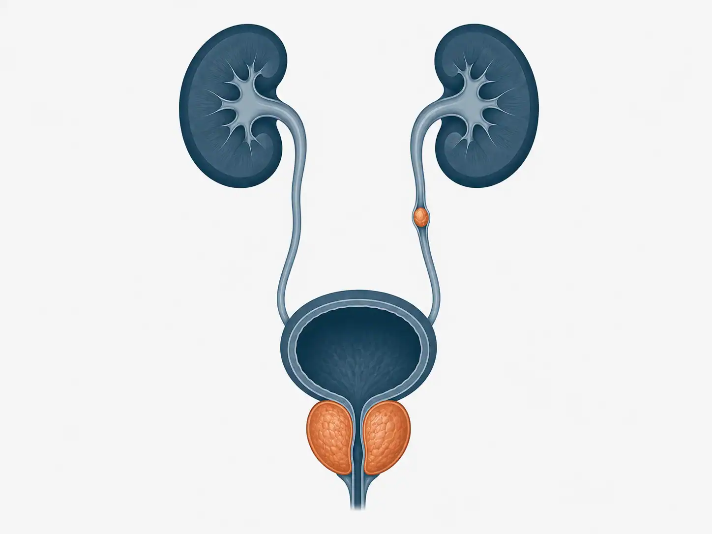 Ilustração esquemática do sistema urinário masculino, com cálculo renal no ureter e próstata aumentada destacados.