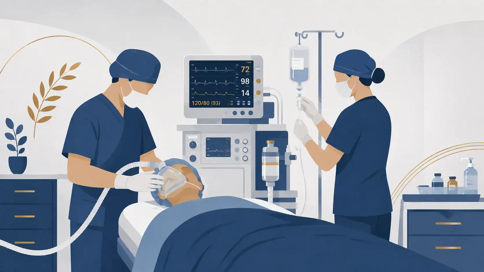 Equipe de anestesia preparando paciente para anestesia geral antes de cirurgia urológica