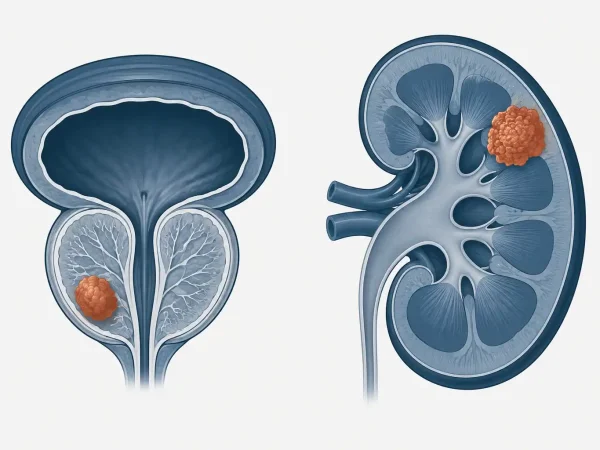 Ilustração esquemática de próstata e rim em corte transversal, com área destacada indicando localização de tumor.
