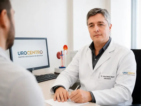Dr. Carlos Biojone, urologista, em consulta com paciente, vestindo jaleco branco bordado com nome e especialidade, no consultório do Urocentro